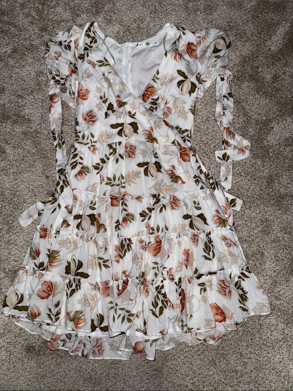 Floral Wrap Mini Dress in White with Rust & Olive Print